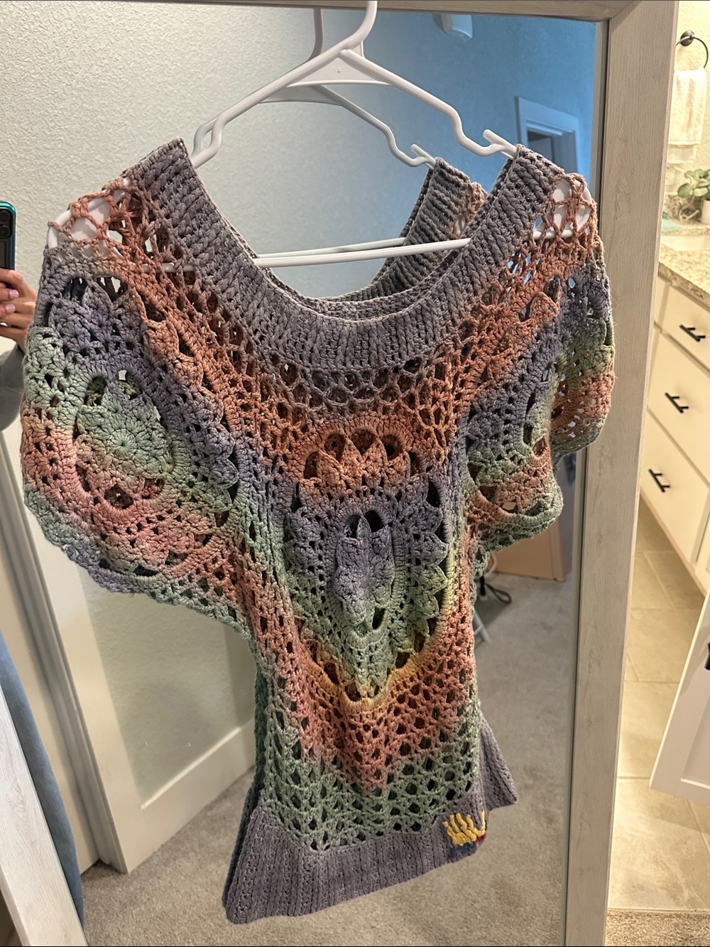 Desigual Multicolor Off-the-Shoulder Crochet Sweater — Purple, Green, Peach